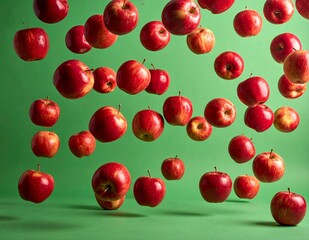 Red Apples Floating in Mid-Air Against a Vibrant Green Background.