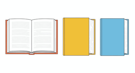 Set of books with open one and two closed, modern vector art.