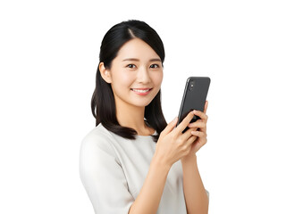 Joyful Asian businesswoman confidently holding a smartphone showcasing efficient mobile communication and essential digital workflow solutions