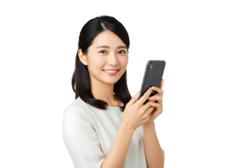 Joyful Asian businesswoman confidently holding a smartphone showcasing efficient mobile communication and essential digital workflow solutions
