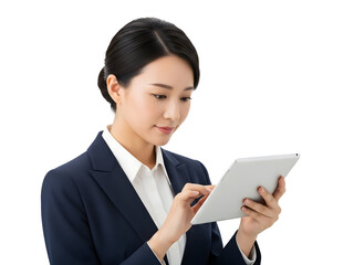 Professional Asian businesswoman focused on digital tablet for efficient business operations, technology integration, and future-forward corporate strategy