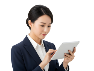 Professional Asian businesswoman focused on digital tablet for efficient business operations, technology integration, and future-forward corporate strategy