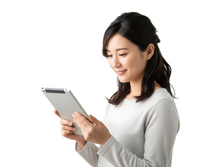 Content young Asian woman thoughtfully interacting with a sleek digital tablet embracing modern technology for seamless connectivity and productivity