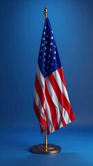 Small American Flag Displayed on a Desk Stand Against a Blue Background.