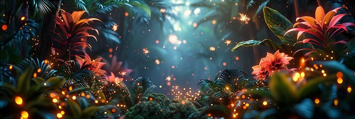 Panoramic View of a Magical Bioluminescent Jungle at Night