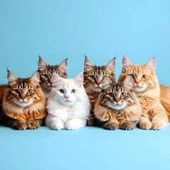 Six adorable fluffy cats of various breeds and colors, including Maine Coons and a white cat, posing together on a vibrant blue background.
