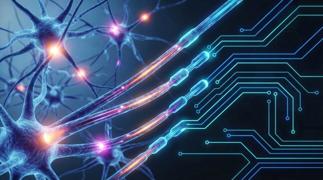 Neurons merging with circuit board lines, artificial intelligence concept