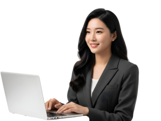 Smiling professional Asian woman confidently engaging with her laptop demonstrating dedication to modern business technology and successful digital work