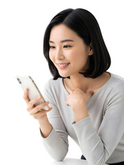 Happy young Asian woman smiling while engaged with her smartphone, enjoying seamless digital communication and browsing online content