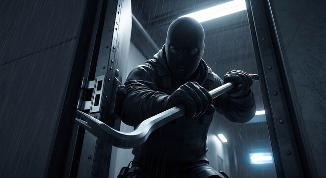 Masked burglar breaking into a metal door with a crowbar in a dark, rainy alleyway. - Powered by Adobe