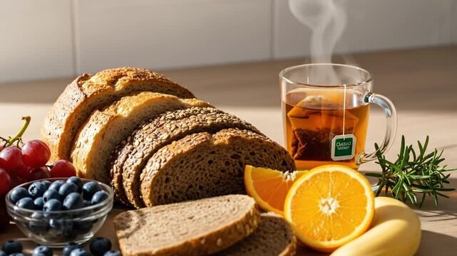 Healthy Breakfast: Bread, Fruits, and Tea Still Life