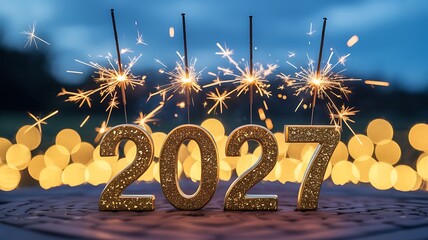 Glittering golden numbers 2027 stand upright, illuminated by vibrant sparklers and surrounded by numerous soft, golden bokeh lights against a serene twilight sky background