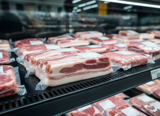 Packaged pork belly and ground meat displayed in supermarket refrigerated counter in a grocery store for sale and food supply business