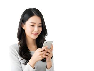 Professional young Asian woman thoughtfully engaging with her smartphone, confidently navigating digital content and enjoying convenient mobile technology for effortless communication and productivity