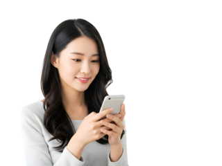 Professional young Asian woman thoughtfully engaging with her smartphone, confidently navigating digital content and enjoying convenient mobile technology for effortless communication and productivity