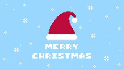 a pixelated illustration displays a vibrant red santa hat alongside the festive message of merry christmas in blocky text high quality professional detailed modern elegant stylish