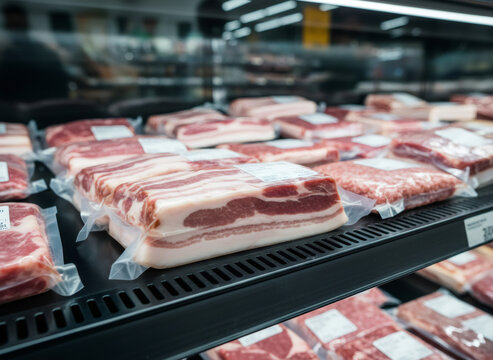 Packaged pork belly and ground meat displayed in supermarket refrigerated counter in a grocery store for sale and food supply business