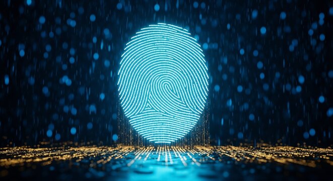 Biometric security concept with glowing blue digital fingerprint on abstract dark background with golden data flow. - Powered by Adobe