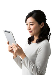Professional Asian woman smiling while engaging with a digital tablet device for seamless communication and modern connectivity showcasing a contemporary digital lifestyle browsing online content