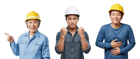 Three diverse Asian male construction workers or engineers in hard hats and work uniforms expressing different emotions on a transparent background