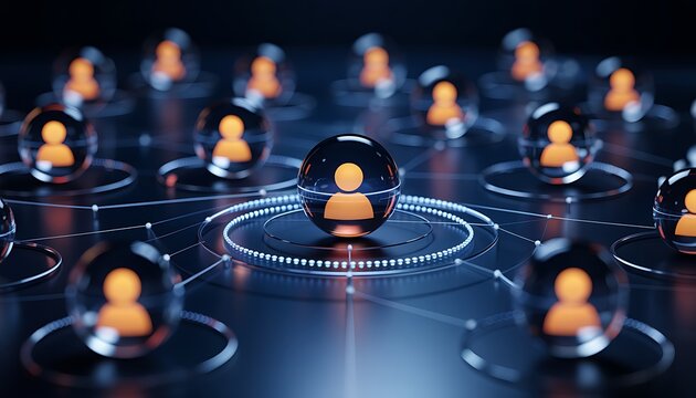 Network of interconnected user icons represented by glowing spheres with human silhouettes inside showcasing global communication and social interaction concept - Powered by Adobe