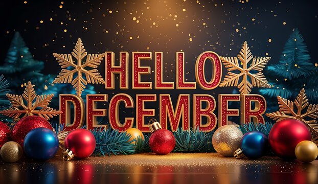 Festive hello december greeting with red and gold text surrounded by christmas ornaments pine branches and golden snowflakes against a bokeh light background - Powered by Adobe
