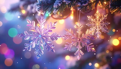 Sparkling snowflakes dangle from a snow-dusted pine branch with blurred colorful lights in the background