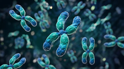 Detailed 3d rendering of a human chromosome in shades of blue and teal, surrounded by a group of other chromosomes in a scientific context illustrating genetics