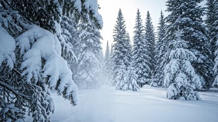 A tranquil winter forest scene unfolds, showcasing majestic snow-laden evergreen trees under a soft, diffused light. Delicate snowflakes gently fall, creating a serene and pristine natural landscape. - Powered by Adobe