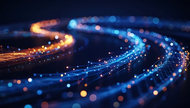 Abstract digital data stream with vibrant blue and orange light particles flowing in swirling patterns across a dark background representing modern technology - Powered by Adobe