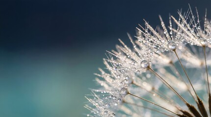 Dandelion seeds with water droplets closeup on blue background, nature macro