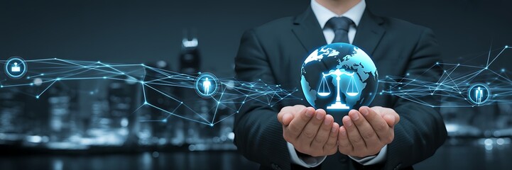 Man in suit holds glowing globe with law scales and network connections, symbolizing global legal system, international justice, and business technology integration