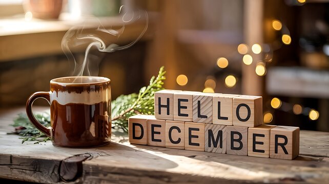 Steaming coffee mug and hello december wooden blocks on rustic wooden table with festive lights creating a cozy winter morning ambiance for december greeting - Powered by Adobe