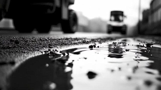 Reflections in the Road: An evocative monochrome shot captures the stark beauty of a rain-soaked road, where the still water mirrors a distant car, inviting contemplation and introspection.