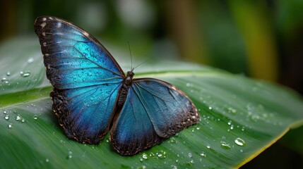 Blue Morpho butterfly sitting on a green leaf