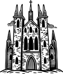 Gothic cathedral illustration with tall pointed spires and ornate arched windows in black and white