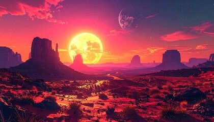 Monument Valley-style desert landscape with a large bright sun and a distant planet under a vibrant, colorful sky