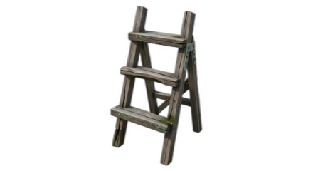 Wooden step ladder rustic old weathered antique tool object farm garden equipment access prop on transparent background