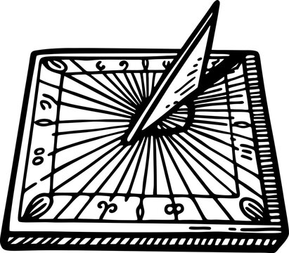 vintage square sundial illustration with gnomon casting shadow and decorative hour markings