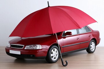 Red umbrella stands next to car indoors in simple setup