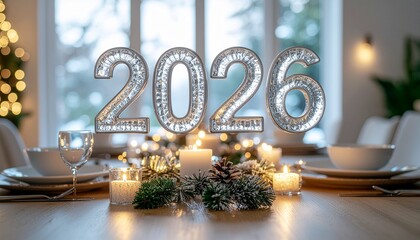 Elegant New Year 2026 dining room, sparkling '2026' centerpiece