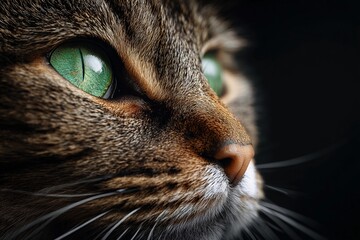 Close look at a cat's face with green eyes and whiskers