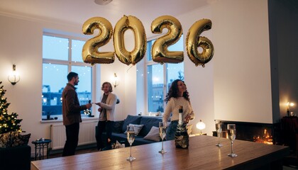 New Year 2026 party indoors, golden '2026' balloons floating
