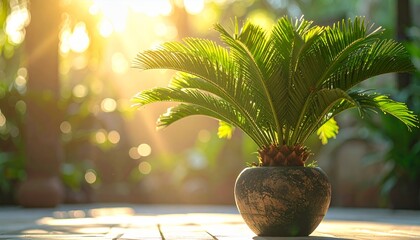 Vibrant Green Cycad Plant in a Pot Bathed in Golden Sunlight Outdoors.