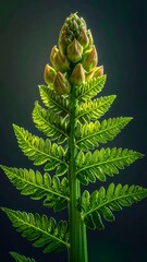 Vibrant Green Fern Frond Unfurling Against a Dark Background.