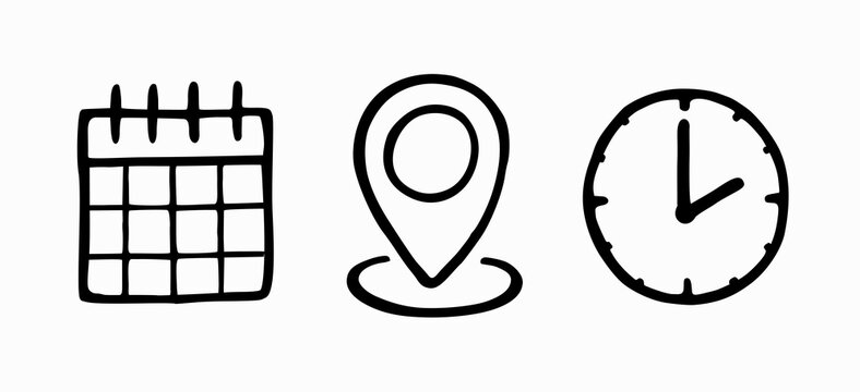 date time place hand drawn doodle icons illustration icon location clock calendar vector