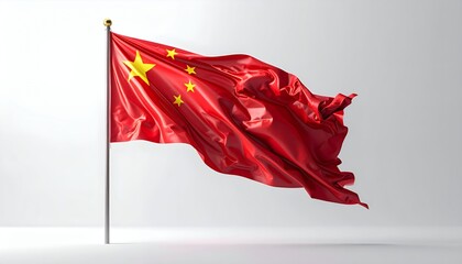 Vibrant Chinese flag waving proudly against a clean white background, symbolizing national pride and sovereignty.