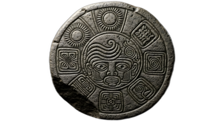 Ancient mesoamerican stone calendar artifact with sun symbols and deity face carving on transparent background