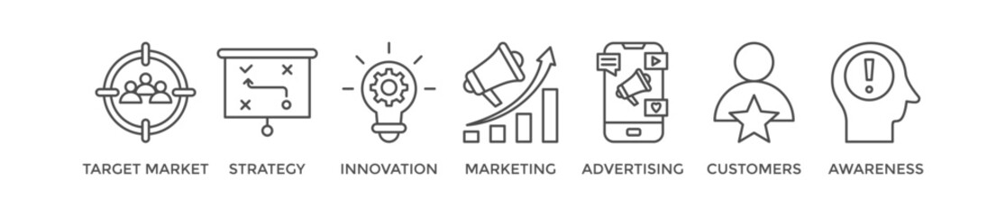 Brand banner web icon vector illustration concept with icon of target market, strategy, innovation, marketing, advertising, customers, and awareness