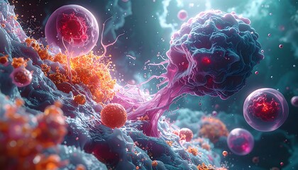 Microscopic view of cells in shades of red, orange, purple, and white floating against a deep backdrop